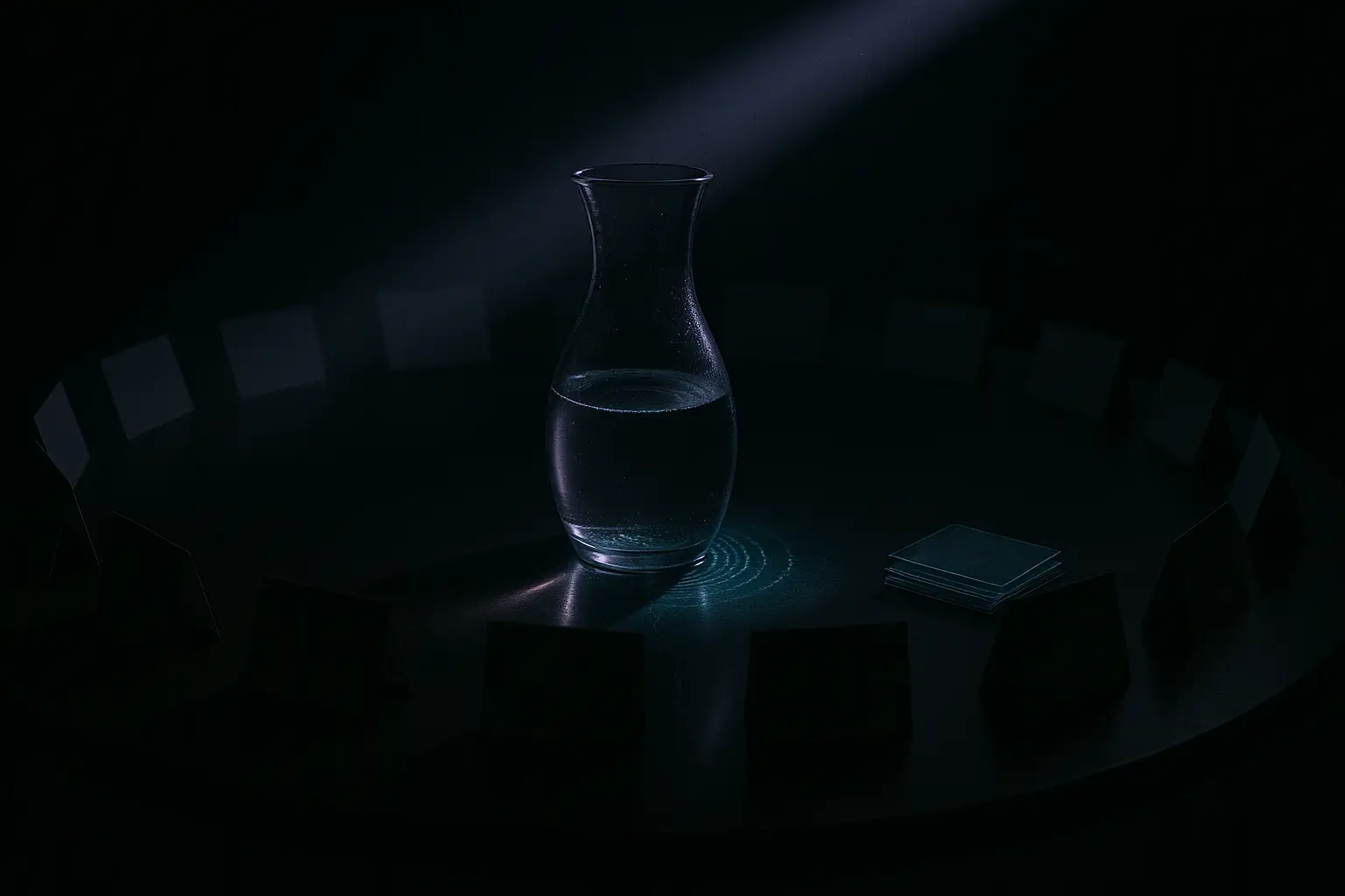 Glass carafe on a dark circular table under a narrow beam, blank place cards and acetate stacks around, bilderberg group