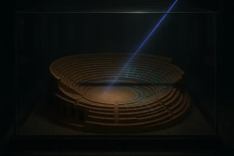 Glass case with wooden amphitheater model; violet scanning beam and cyan grid in a dark archive for bohemian grove secrets