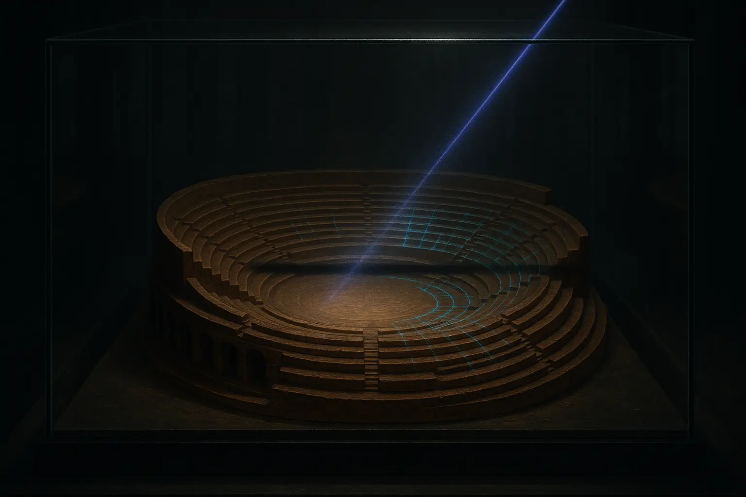 Glass case with wooden amphitheater model; violet scanning beam and cyan grid in a dark archive for bohemian grove secrets