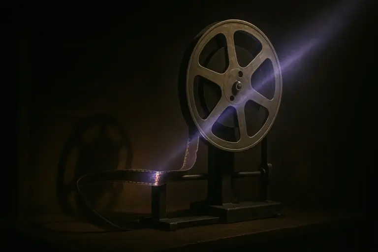Film reel on an inspection cradle, violet light scanning a splice in a dark archive, linked to brainwashing experiments