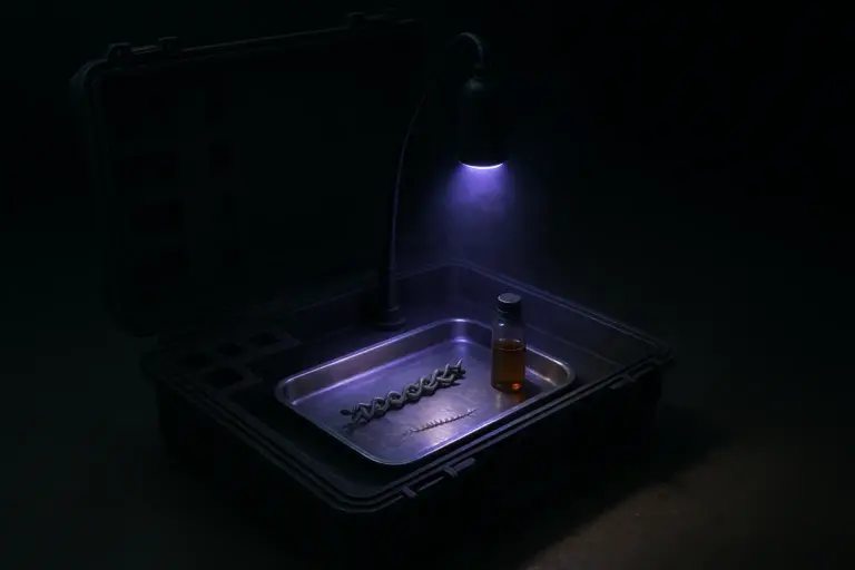 Open field kit under a violet lamp with stainless tray, cut chain-link, and amber vial, documented for chupacabra encounters
