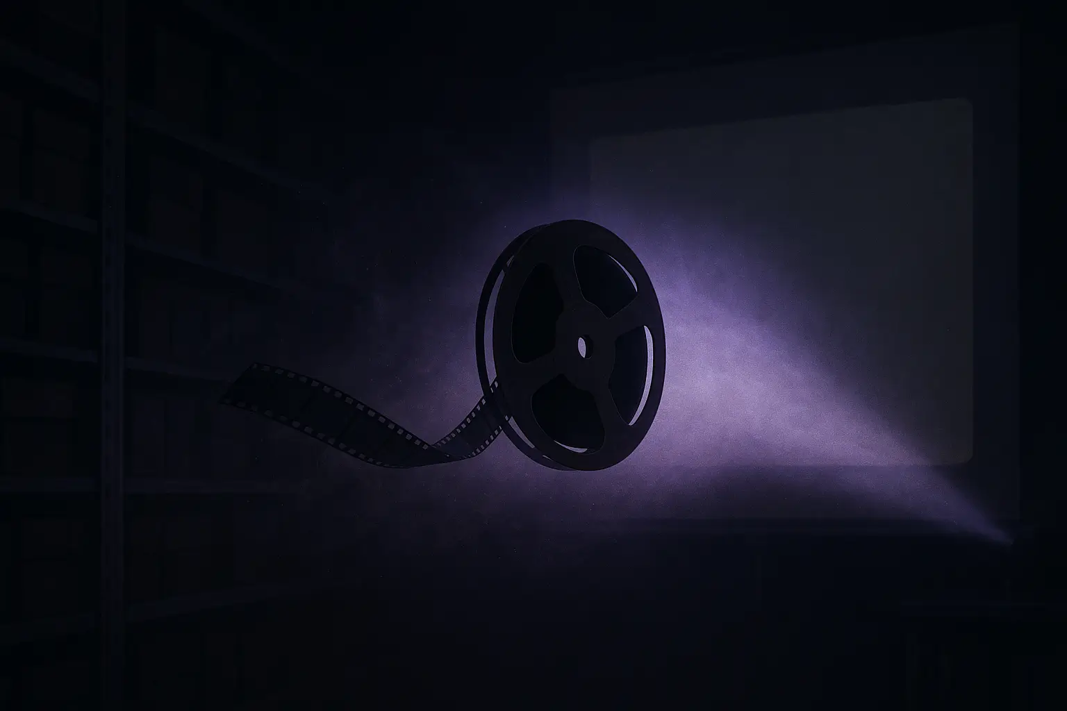 Microfilm reel in a violet projector beam in a dark archive, blank screen and shelves visible, for cia mind control programs
