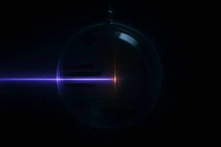 A sealed glass hemisphere in a dark lab with a violet beam; dust glows, lines reflect — clairvoyance evidence apparatus