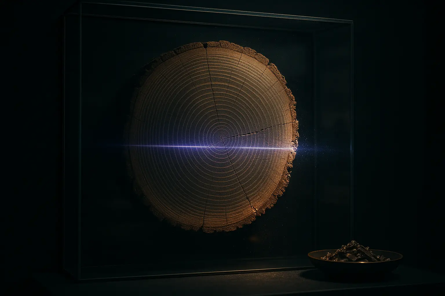Columbus discovery cover-up timber sample under glass; a violet scan line crosses growth rings beside dish of iron fragments.
