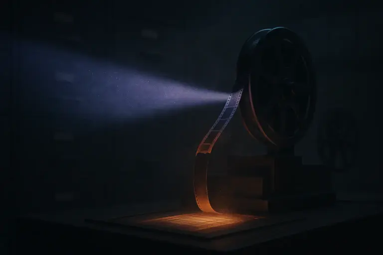 Microfilm for covert mind control programs on a projector reel, violet beam cutting dust in an archive beside a torn strip