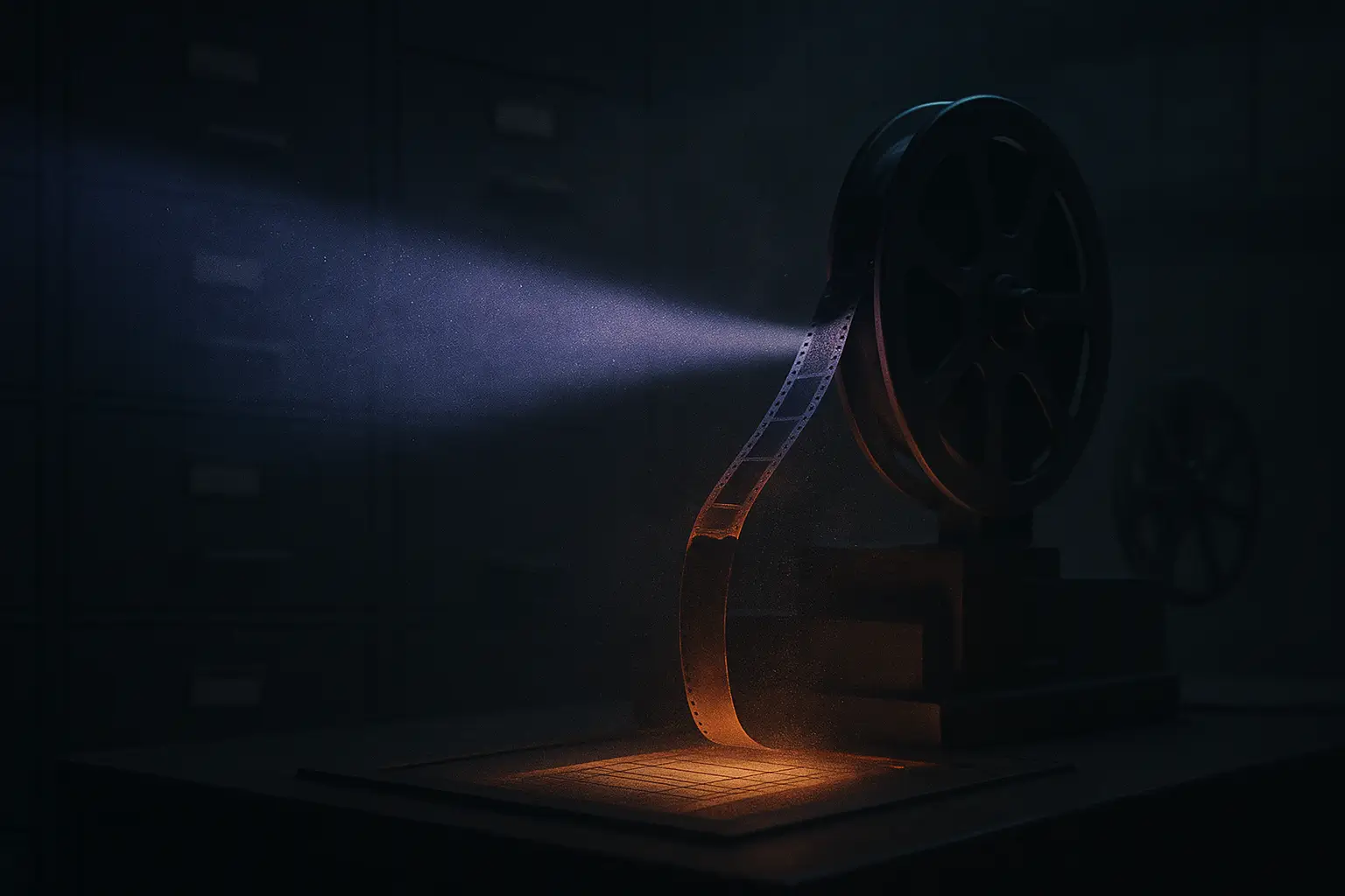 Microfilm for covert mind control programs on a projector reel, violet beam cutting dust in an archive beside a torn strip