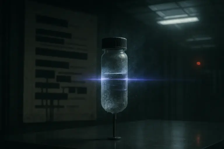 Frosted cryovial on a thin stand as a violet scan passes in a dim archive lab; redacted sheet behind, crispr babies