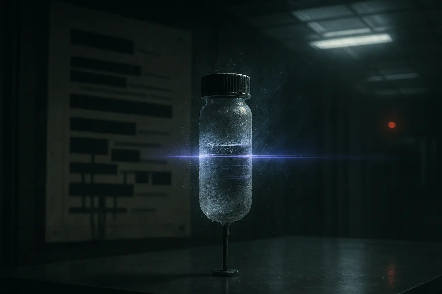 Frosted cryovial on a thin stand as a violet scan passes in a dim archive lab; redacted sheet behind, crispr babies