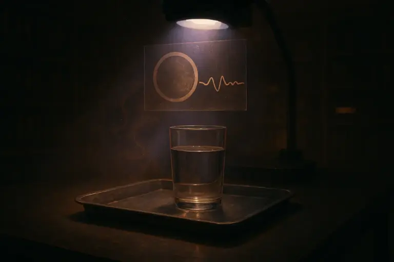 Glass of water on a metal tray under a projector, acetates with circle and waveform in an archive on demonic possession cases