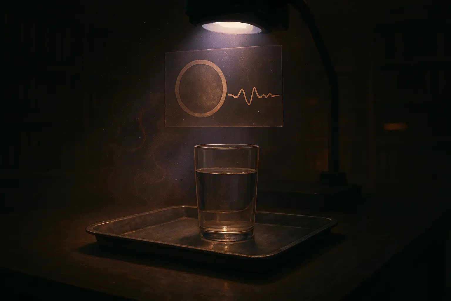 Glass of water on a metal tray under a projector, acetates with circle and waveform in an archive on demonic possession cases