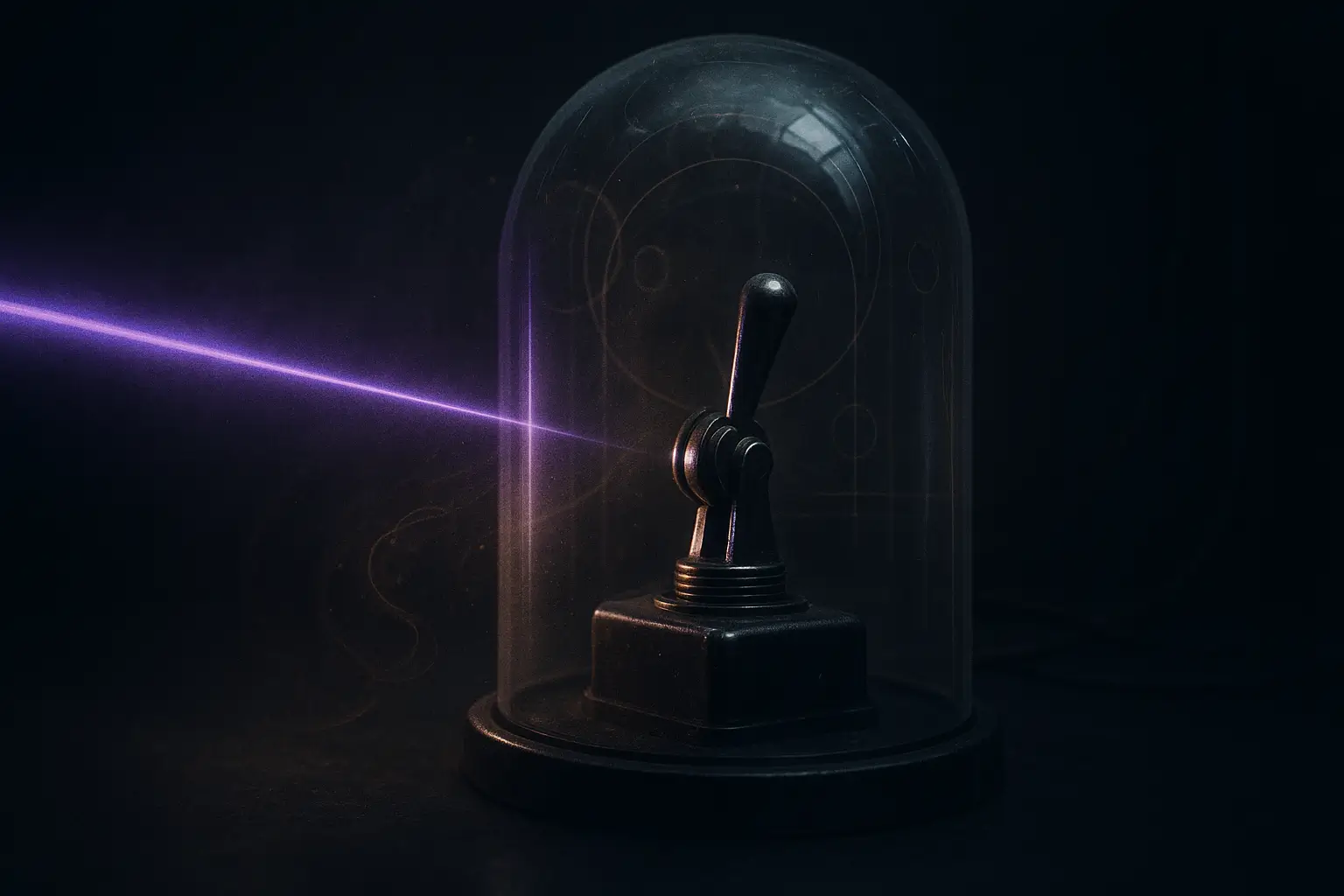 Glass cloche over a vintage switch as a violet beam crosses the lever on a dark table, for a study of false flag operations