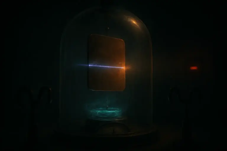 Bell jar with suspended copper plate; violet beam across; cyan coil below; scale needle steady — free energy apparatus