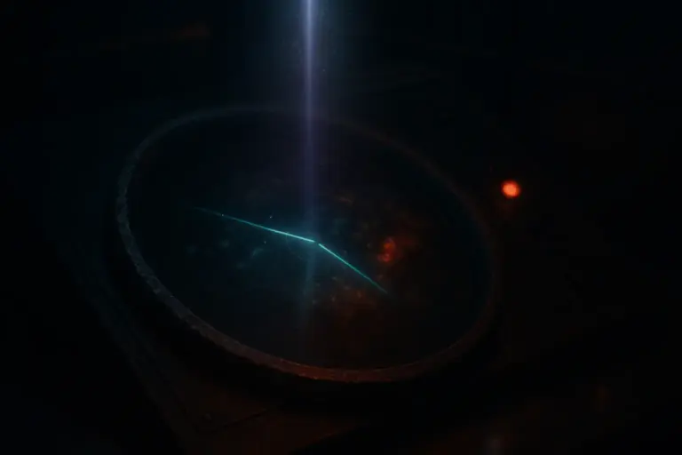 Radar console with circular screen; cyan sweep under a vertical beam and one blinking light, for the gulf of tonkin incident