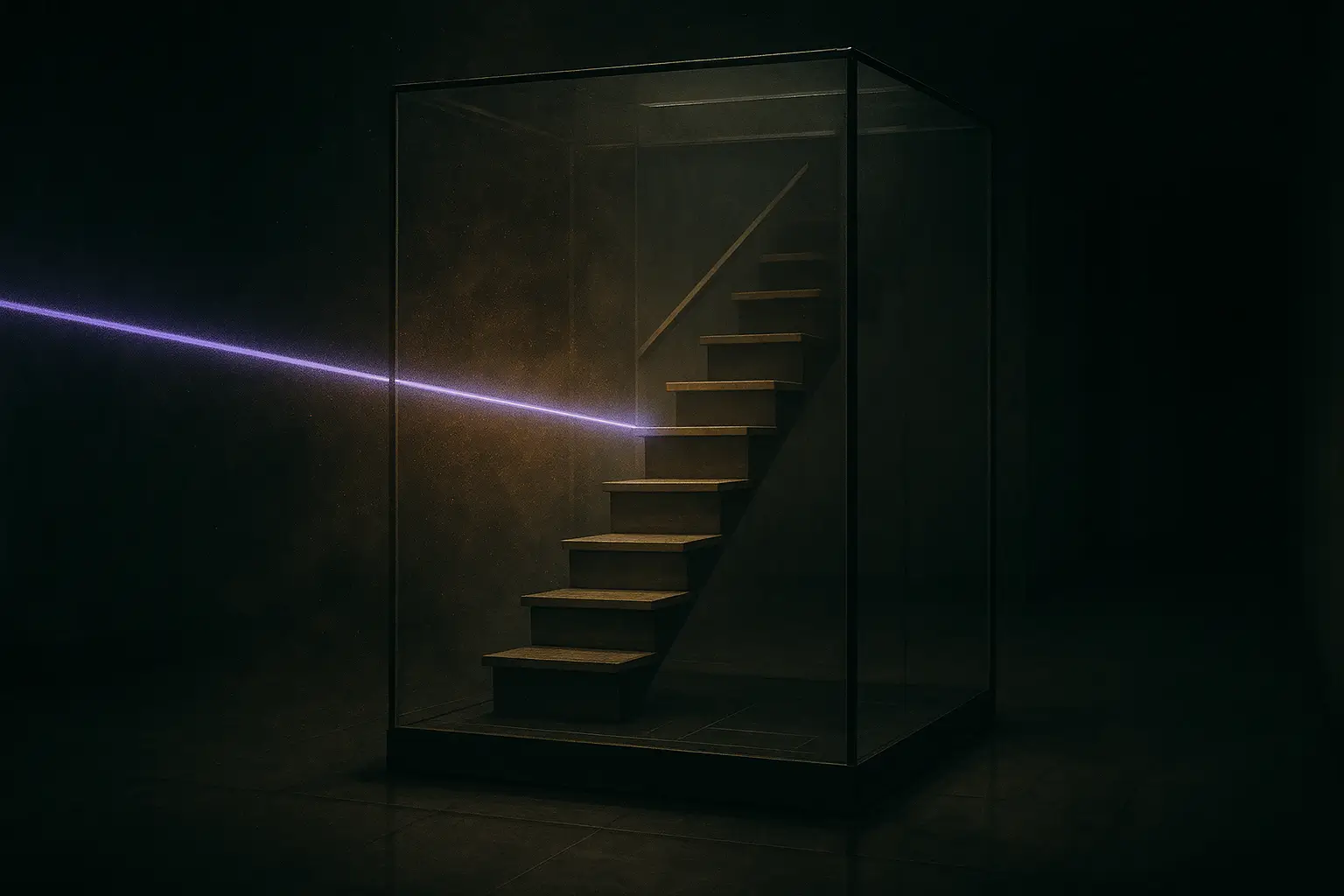 Haunted Places: A Case File of Documented Paranormal Hotspots 1 Violet beam crosses a dark corridor, lighting a wooden staircase enclosed in a glass case for haunted places records