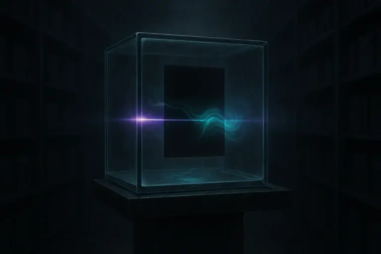 Sealed glass cube on a pedestal in a dark archive; a violet scan reveals cyan ripples linked to hidden energy technology
