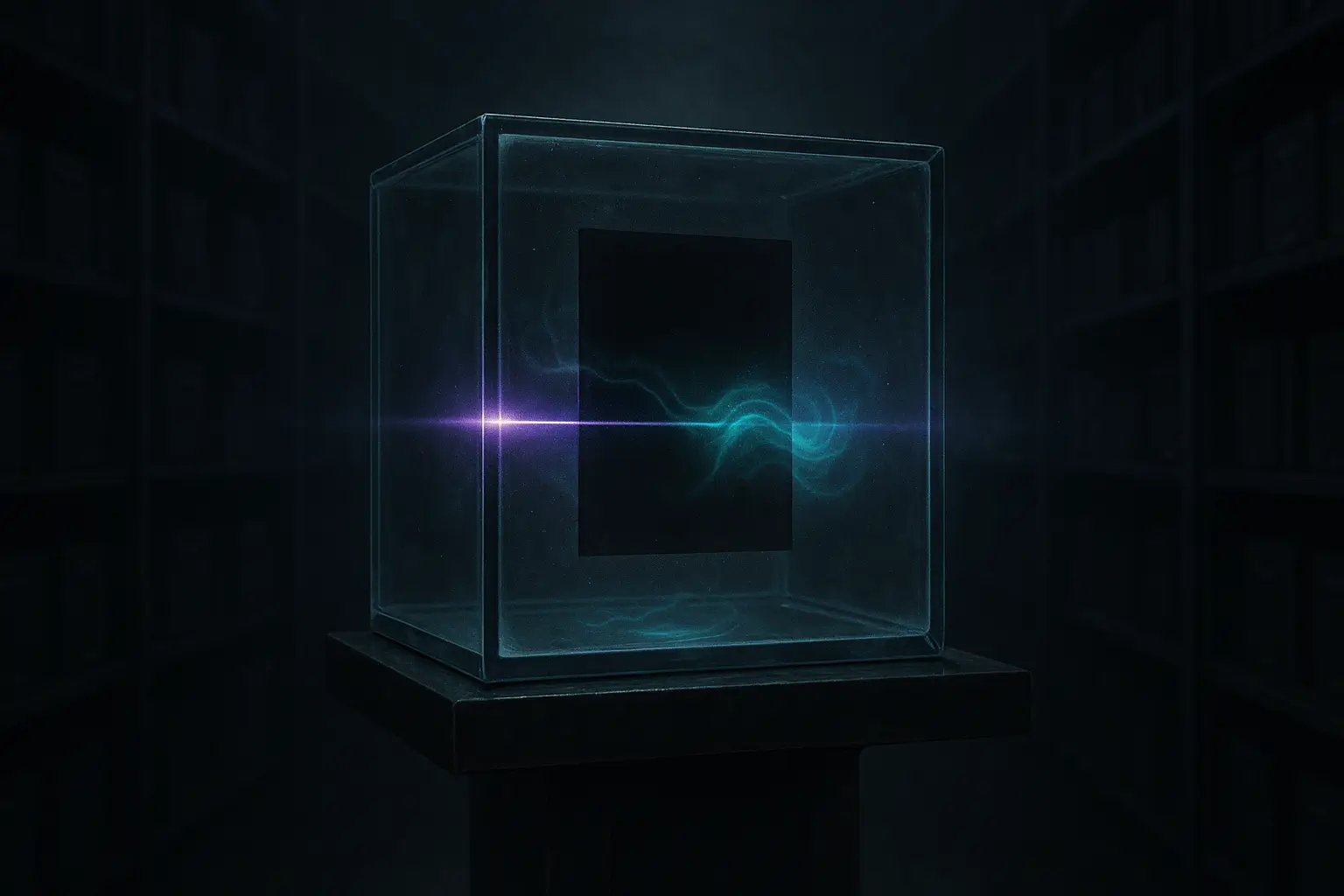 Sealed glass cube on a pedestal in a dark archive; a violet scan reveals cyan ripples linked to hidden energy technology