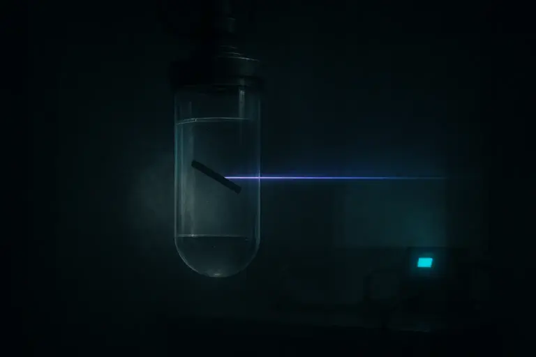 Glass cylinder lit by a violet beam; a black bar in solution near human-animal hybrid experiments device with cyan light.