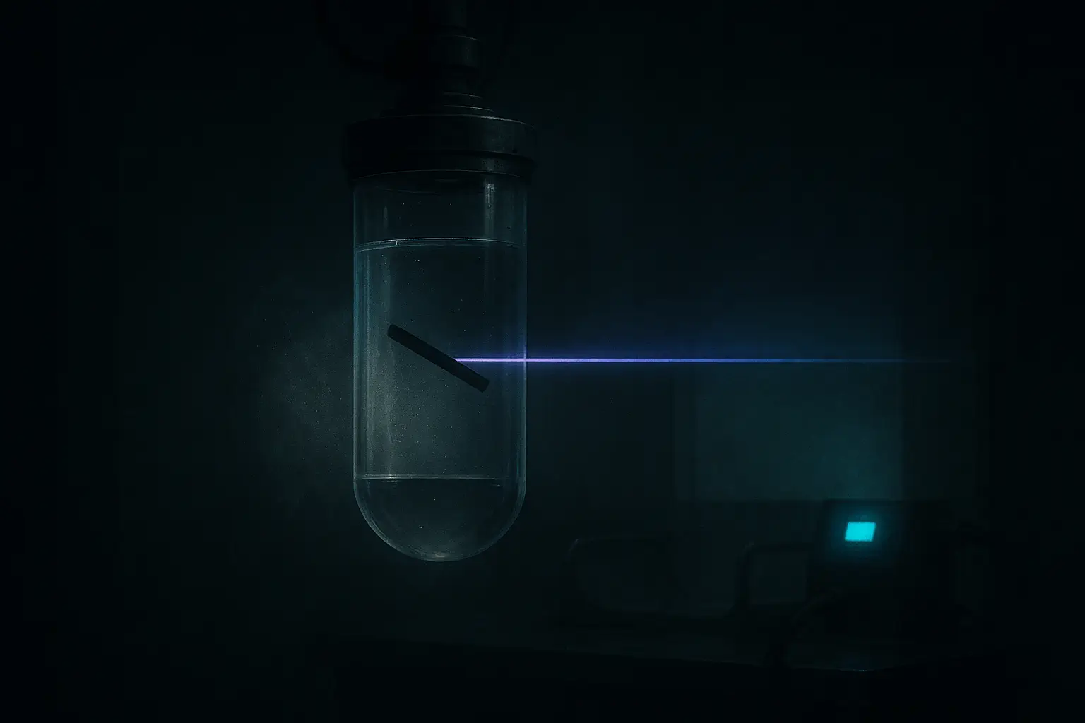 Glass cylinder lit by a violet beam; a black bar in solution near human-animal hybrid experiments device with cyan light.