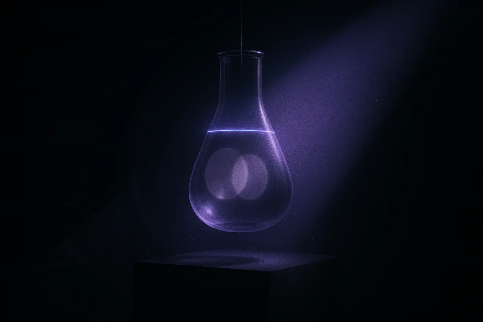Glass flask suspended above a matte plinth under violet light, two overlapping reflections inside, for human cloning coverage