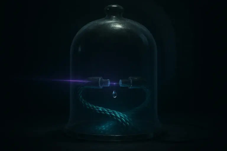 Bell jar over braided optical fibers; two cut ends separated by a droplet and a violet beam, human head transplant