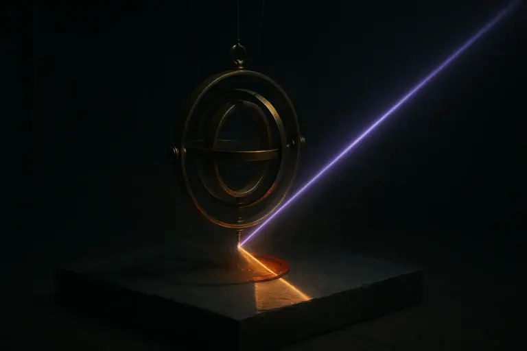 Brass gimbal over a slate plinth while a violet beam cuts across; amber dust and sealing wax from an illuminati archive