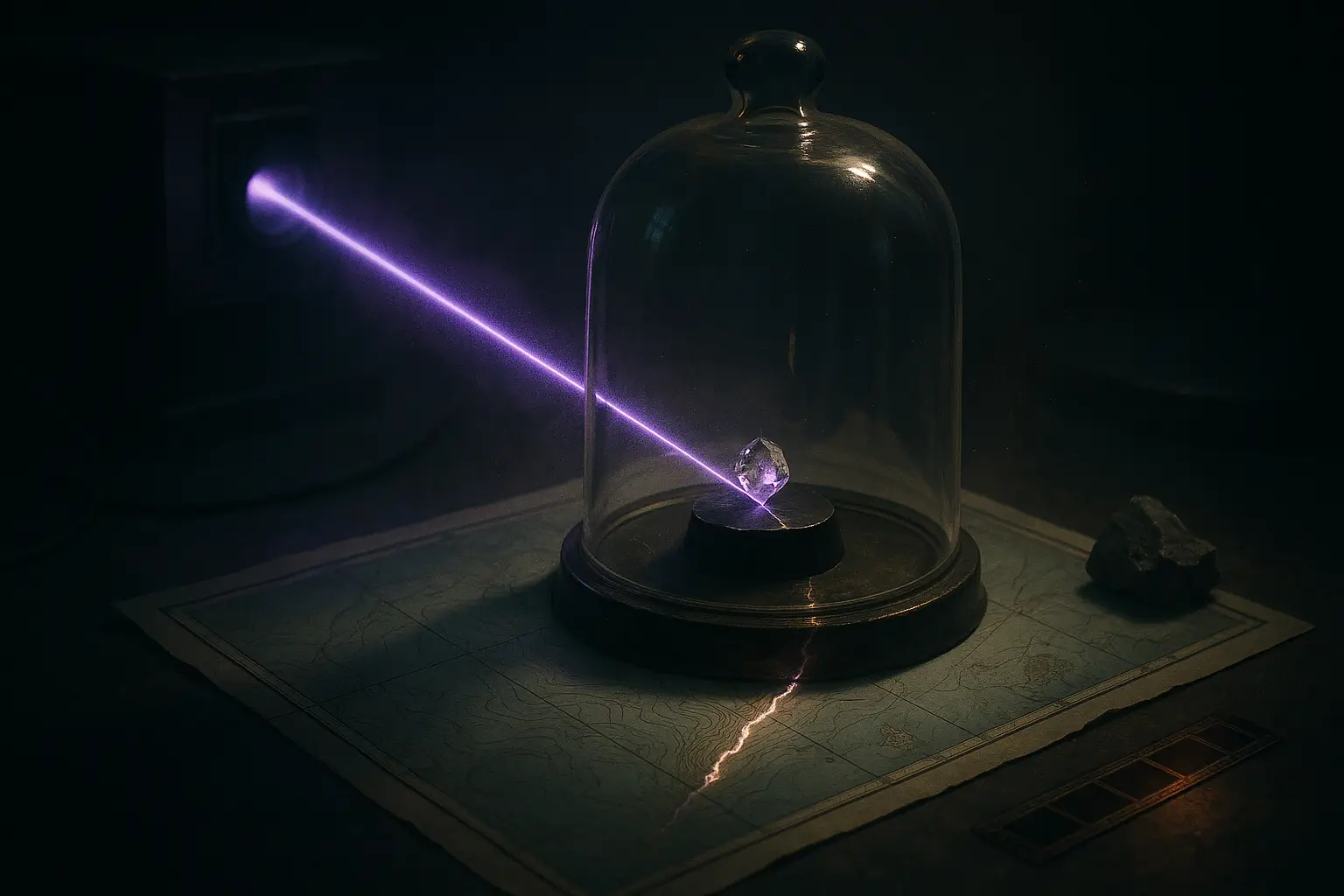 The Lemuria Continent: From Scientific Hypothesis to Occult Legend 1 Violet beam hits zircon under a glass bell on a bathymetric map; basalt and microfiche nearby for lemuria continent research