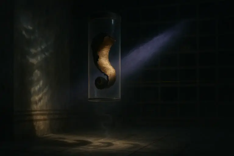 Curled papyrus fragment suspended in a glass cylinder under a violet beam in a dark archive, library of alexandria burning.