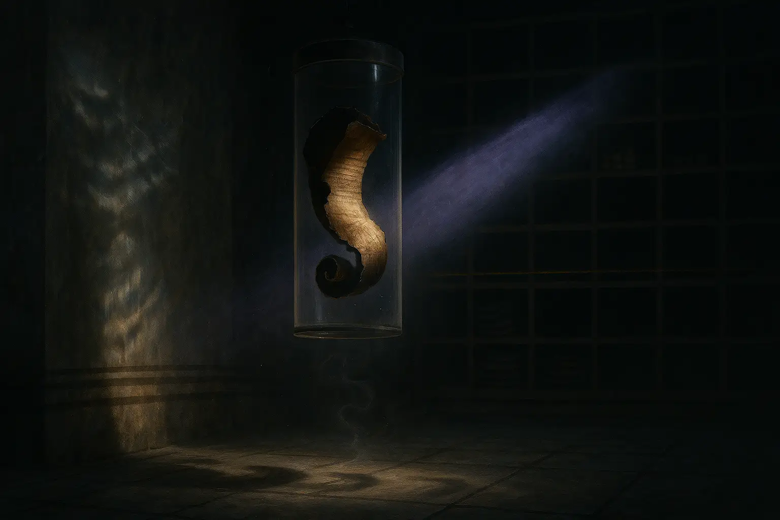 Curled papyrus fragment suspended in a glass cylinder under a violet beam in a dark archive, library of alexandria burning.