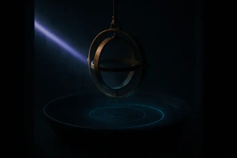 Brass gimbal ring above a black basin under a violet beam, concentric rings referenced in the lost city of atlantis.