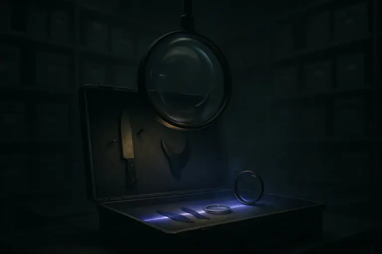 The Mandela Effect: A Psychological Analysis of False Collective Memories 2 Suspended loupe over an evidence tray with twin cutouts and a glass ring in a records room, mandela effect examples.