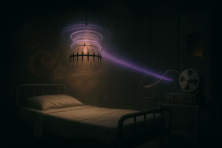Electrode crown above a hospital bed with a violet beam to a reel-to-reel recorder, mkultra mind control apparatus