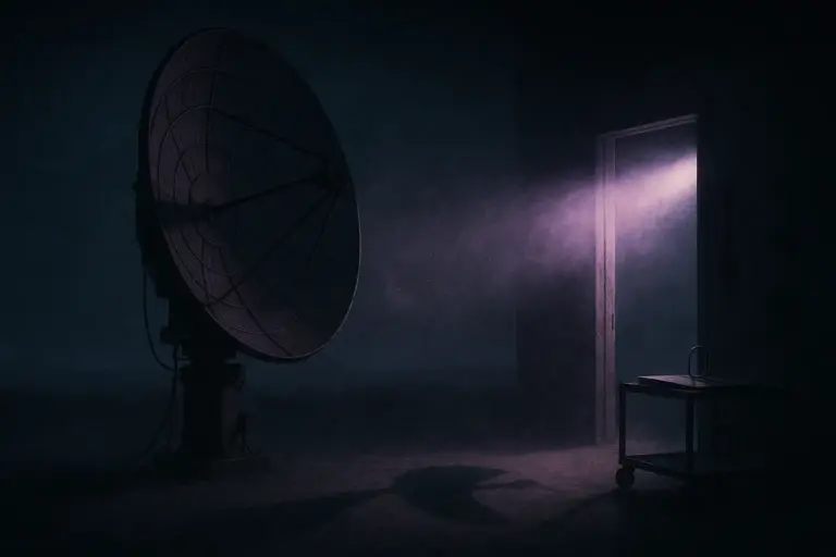 Large radar dish in a dark room lit by a violet beam from an open door; steel cart with a binder ring; montauk project