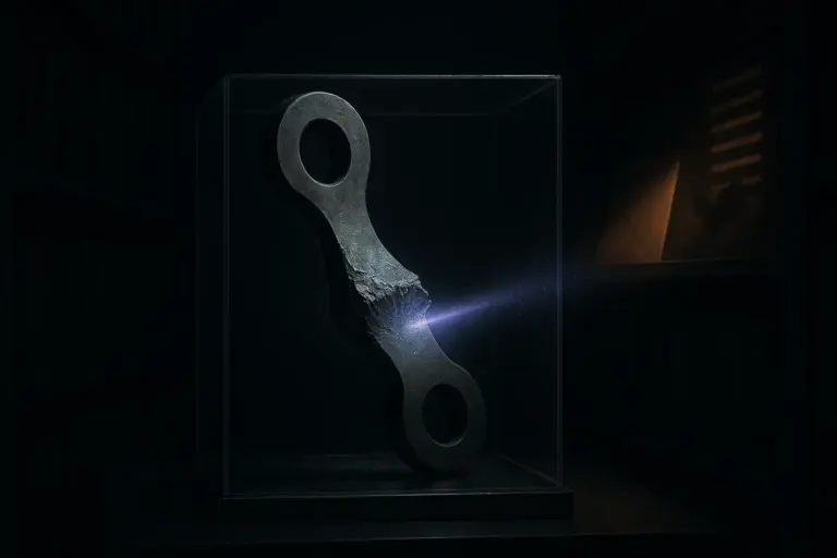 Mothman sightings case evidence: fractured steel eyebar lit by a violet beam in a glass display in a dark archive aisle