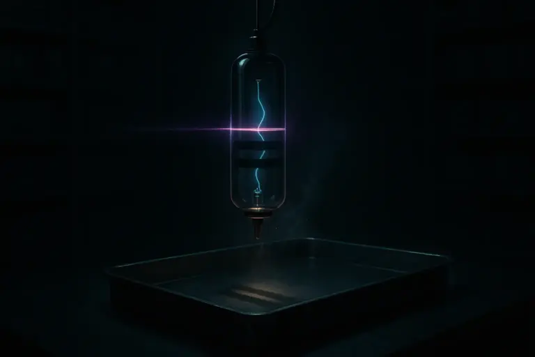 Glass cylinder above steel evidence tray in dark archive; violet scan and cyan filament inside — nikola tesla secrets