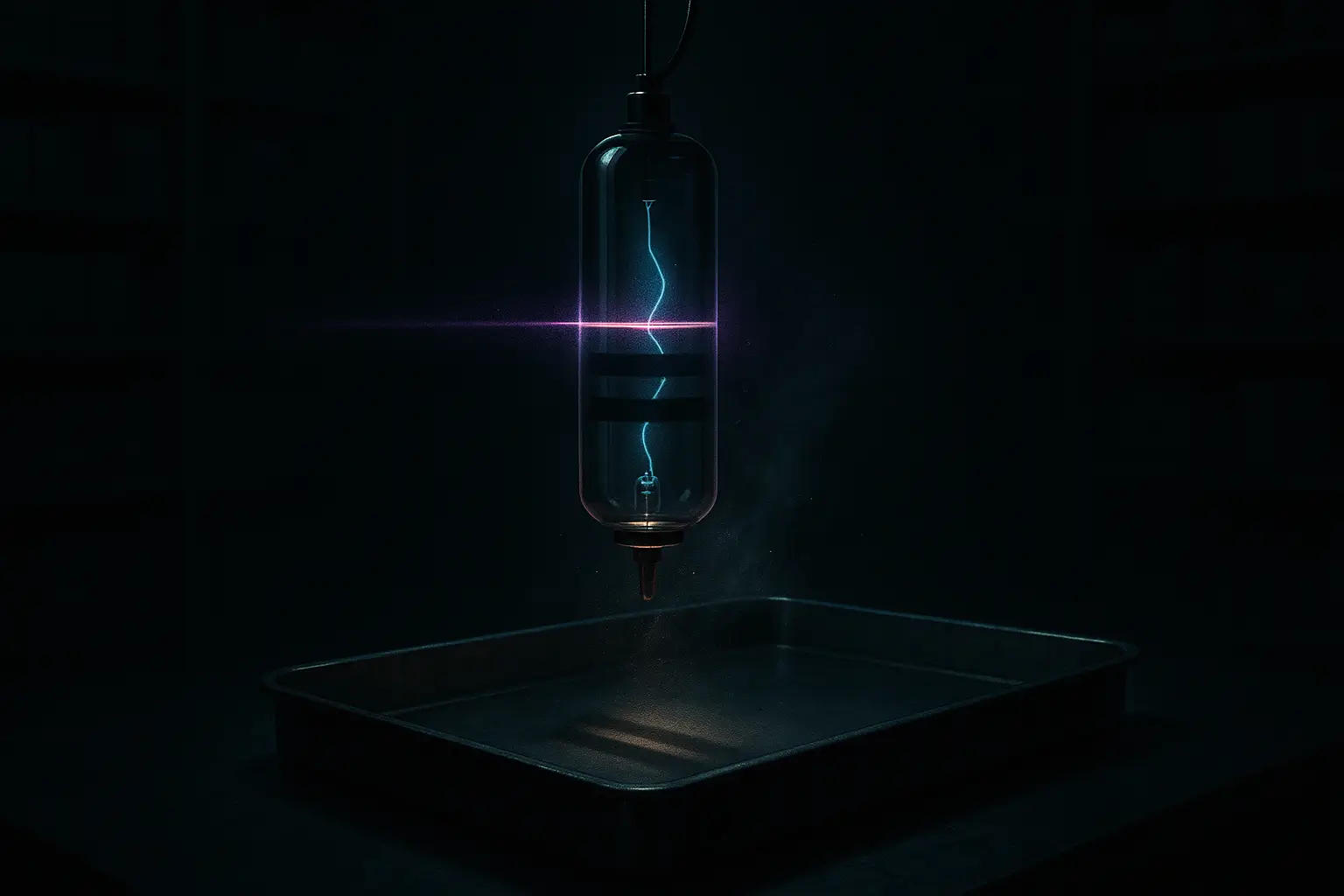 Glass cylinder above steel evidence tray in dark archive; violet scan and cyan filament inside — nikola tesla secrets