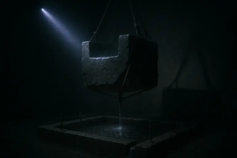 Basalt throne-block in a sling above a basin under a violet beam, water drains to a channel; olmec civilization mysteries