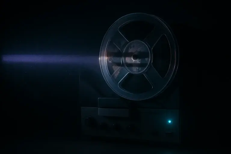 Reel-to-reel tape recorder in a dark room, lit by a violet scanline and a cyan power indicator, for operation mockingbird