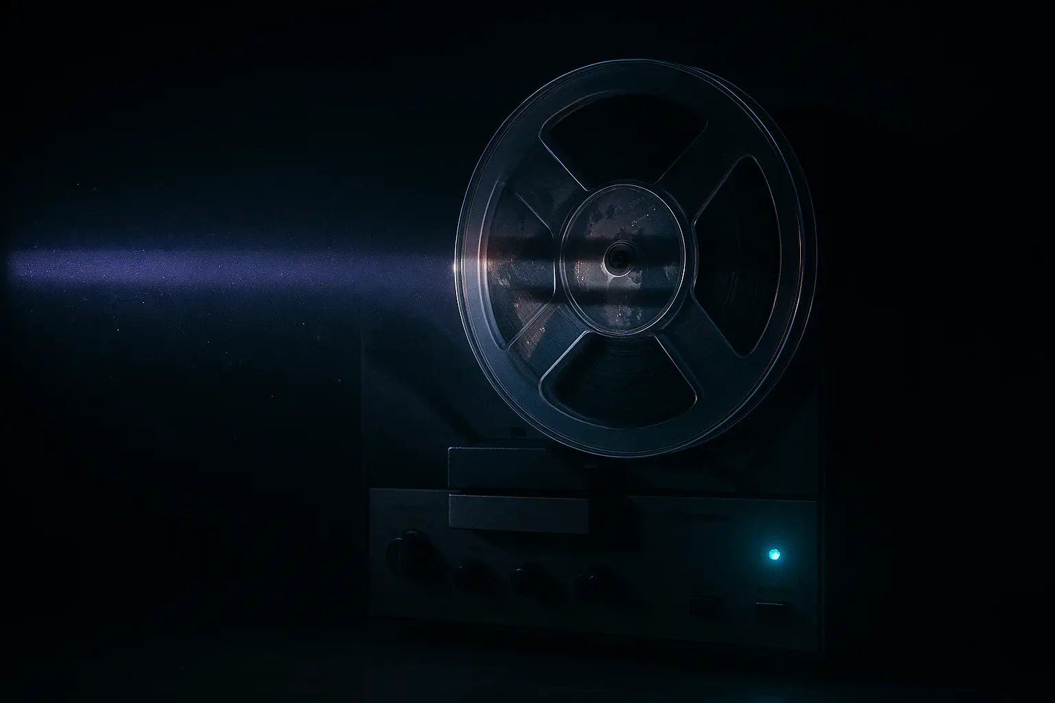 Reel-to-reel tape recorder in a dark room, lit by a violet scanline and a cyan power indicator, for operation mockingbird