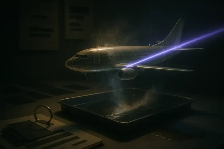 Aircraft model suspended over a water tray as a violet beam scans the fuselage; operation northwoods papers sit nearby.