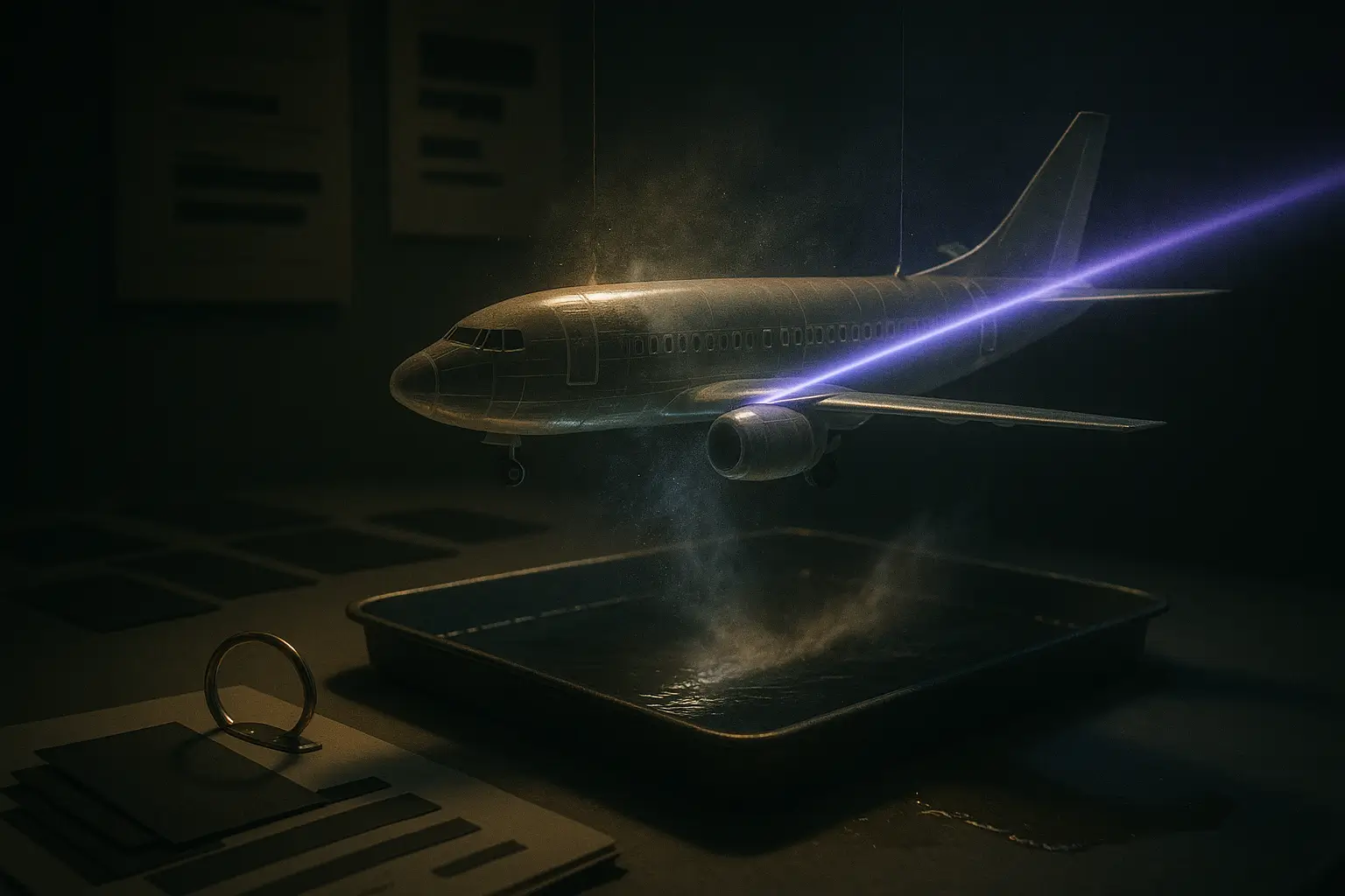 Aircraft model suspended over a water tray as a violet beam scans the fuselage; operation northwoods papers sit nearby.