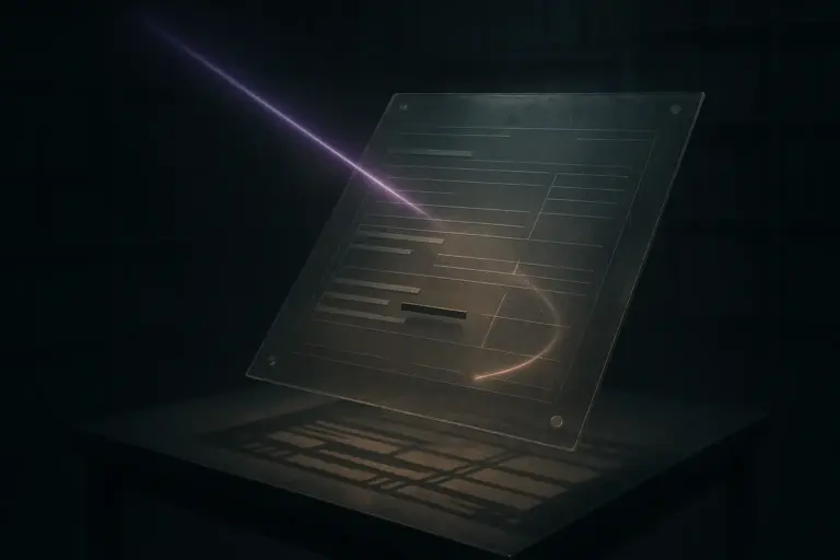 Violet beam scans a gray glass panel with redacted bars on a steel table in an archive, operation northwoods false flag.