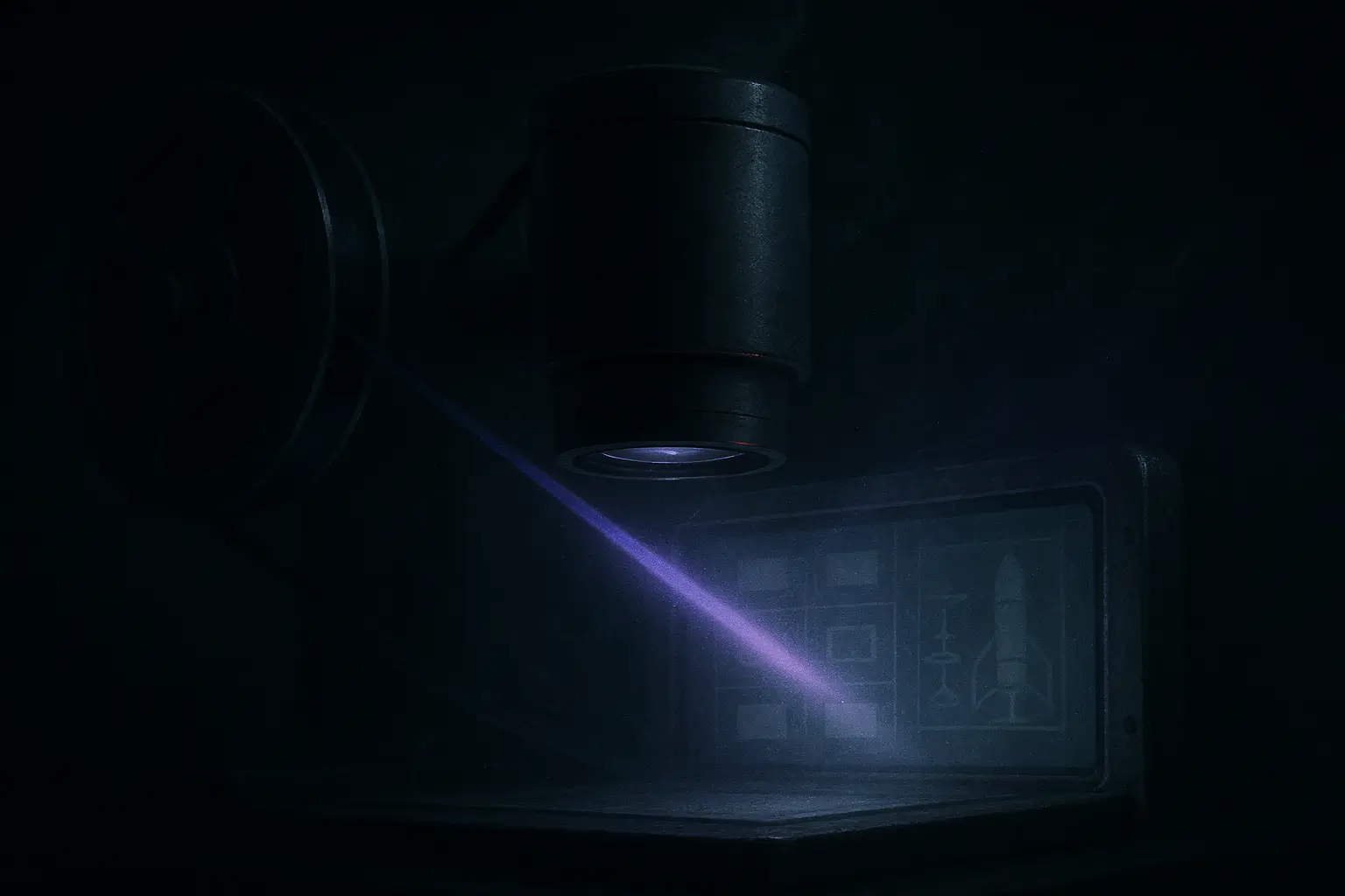 Microfilm reader projects a violet beam onto a frosted screen with rocket diagrams; operation paperclip archive.