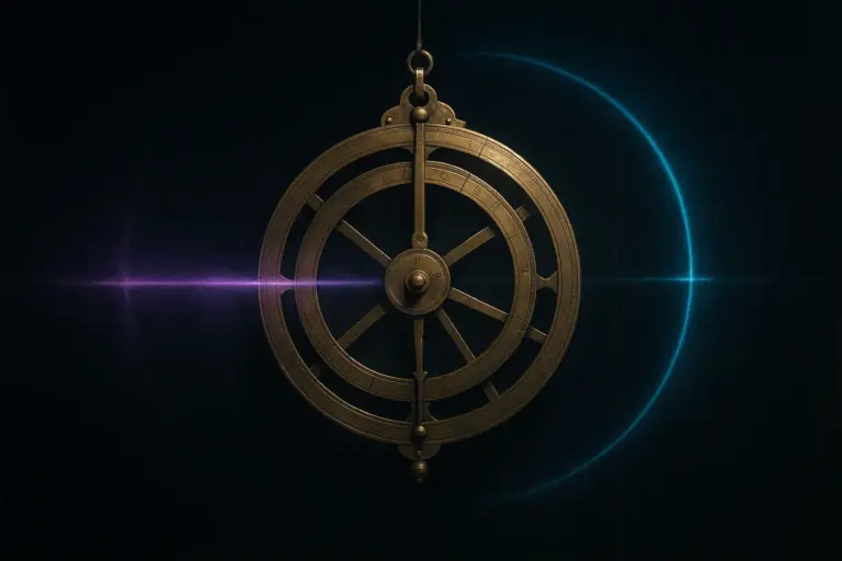 Phantom Time Hypothesis: A Critical Analysis of the Evidence 3 Brass astrolabe suspended in dark as a violet beam scans and a cyan arc offsets, illustrating the phantom time hypothesis