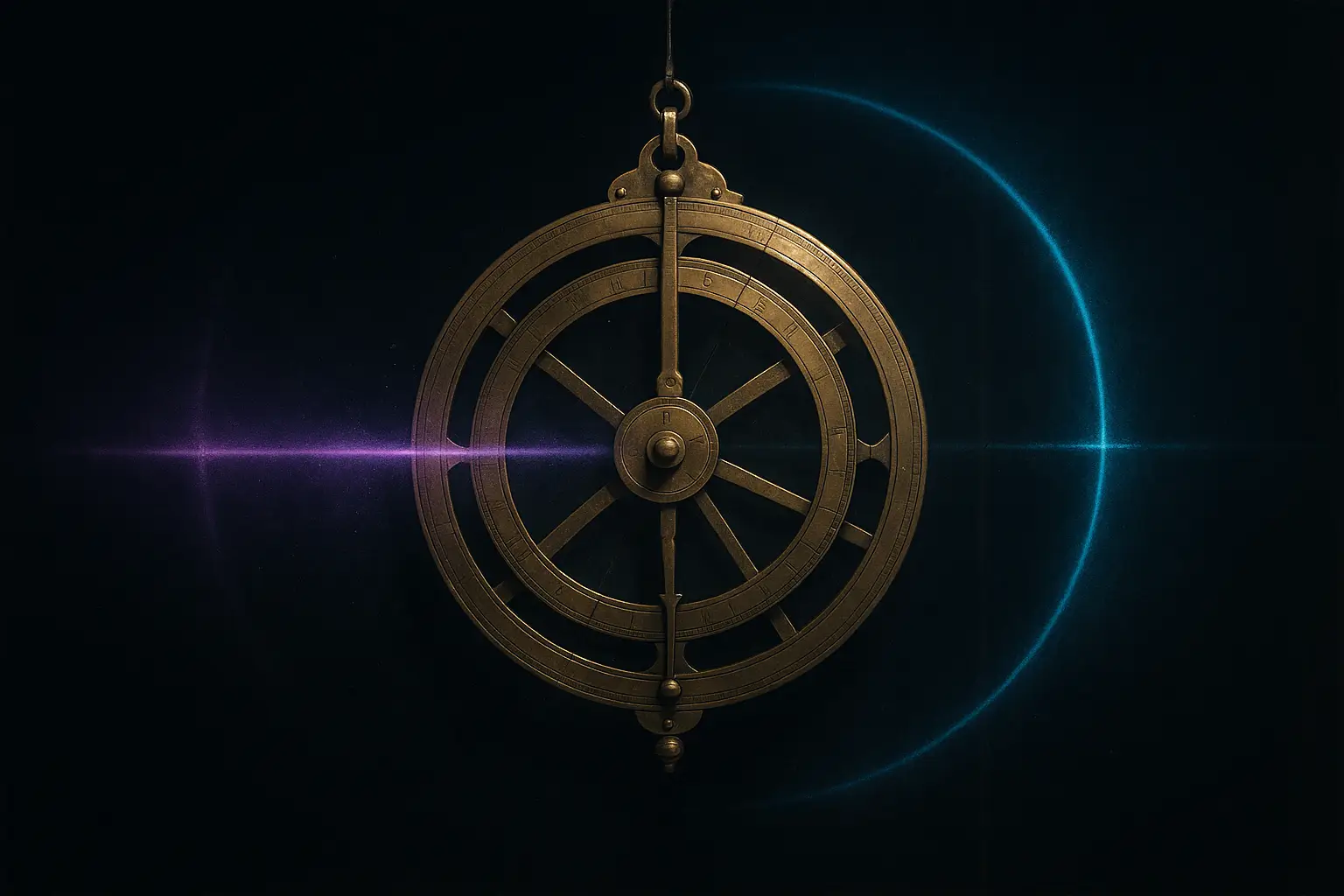 Brass astrolabe suspended in dark as a violet beam scans and a cyan arc offsets, illustrating the phantom time hypothesis