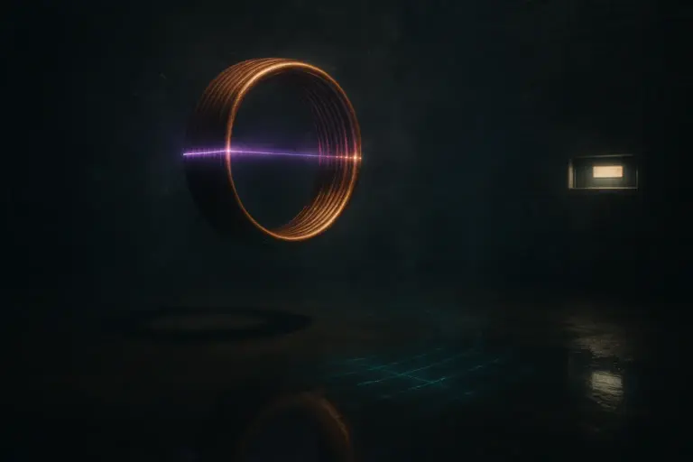 Suspended copper coil in a dark archive; violet beam scans its rim, reflections on floor, lit drawer, philadelphia experiment