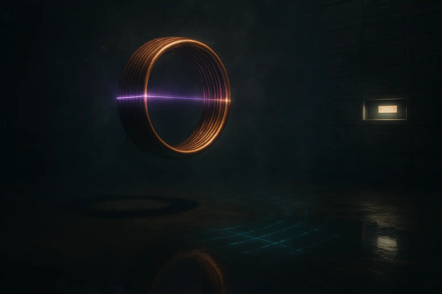 Suspended copper coil in a dark archive; violet beam scans its rim, reflections on floor, lit drawer, philadelphia experiment