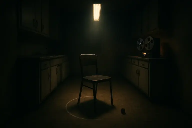 Poltergeist activity setup in a dim kitchen: chair under strip light, chalk arc at leg, reel-to-reel recorder on counter