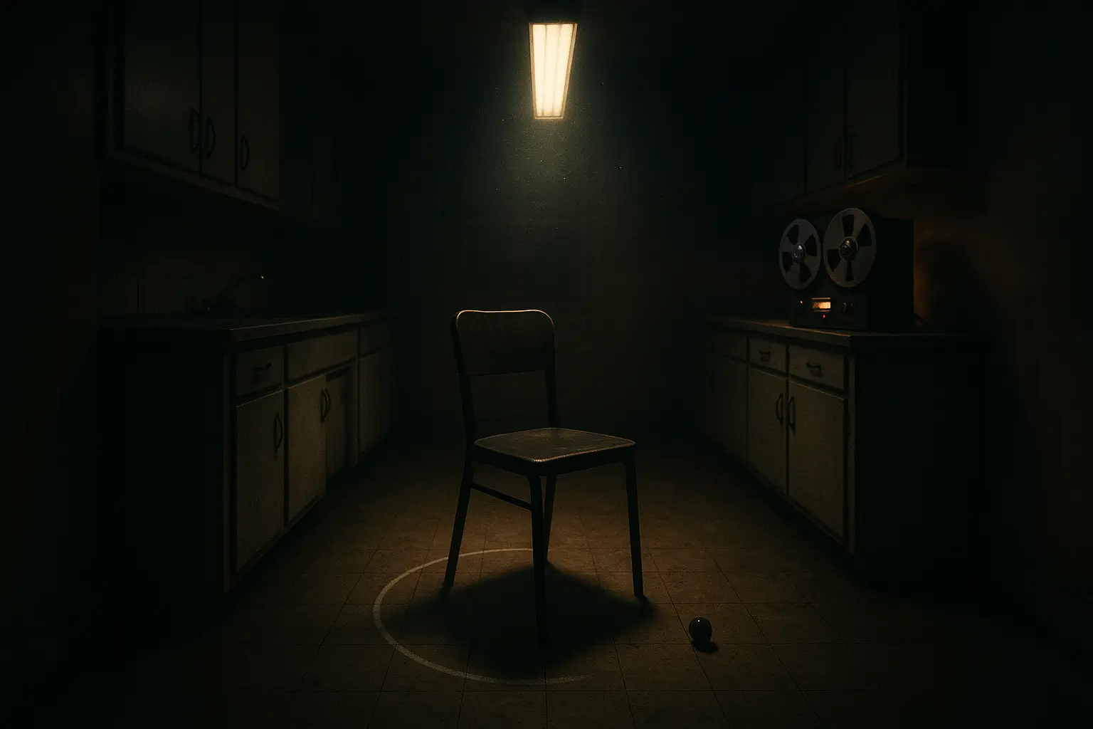 Poltergeist activity setup in a dim kitchen: chair under strip light, chalk arc at leg, reel-to-reel recorder on counter