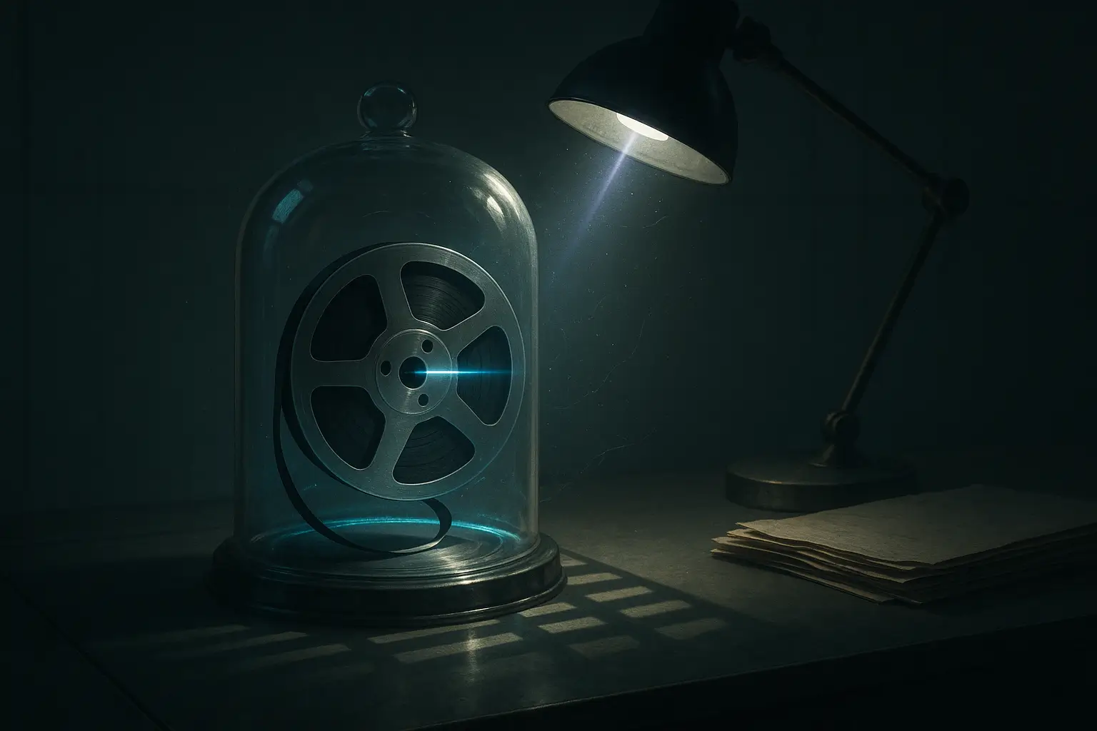 Glass bell jar over a magnetic tape reel under a desk lamp; dust and stacked papers, project artichoke