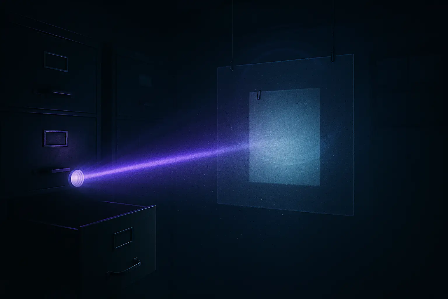 Microfilm reader projects a violet beam onto frosted glass; dust and an open file drawer visible, project blue beam